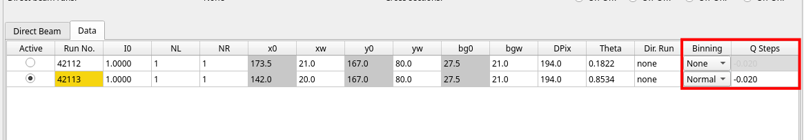 Binning Options in the Reduction Table